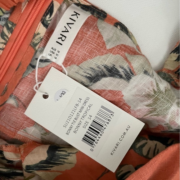 Kivari Bonny Tie Bust Mini Dress Tropical Print Linen puff sleeve US 10 - Picture 4 of 14